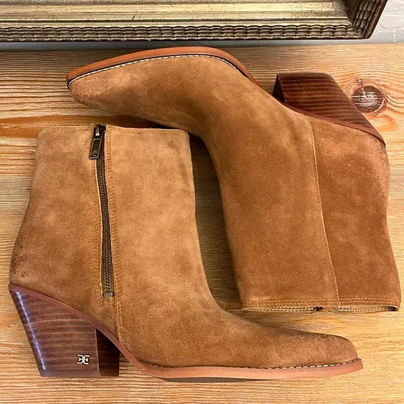 🆕 SAM EDELMAN Jane Pointed Toe Brown Block Heel Suede Leather Bootie - 9.5