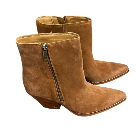 🆕 SAM EDELMAN Jane Pointed Toe Brown Block Heel Suede Leather Bootie - 9.5