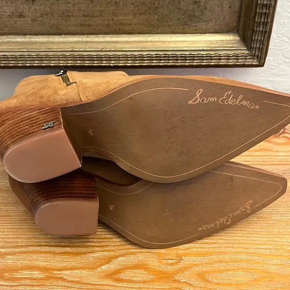🆕 SAM EDELMAN Jane Pointed Toe Brown Block Heel Suede Leather Bootie - 9.5