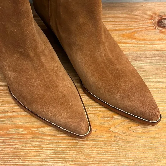 🆕 SAM EDELMAN Jane Pointed Toe Brown Block Heel Suede Leather Bootie - 9.5