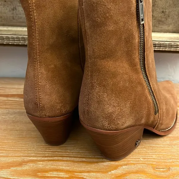 🆕 SAM EDELMAN Jane Pointed Toe Brown Block Heel Suede Leather Bootie - 9.5
