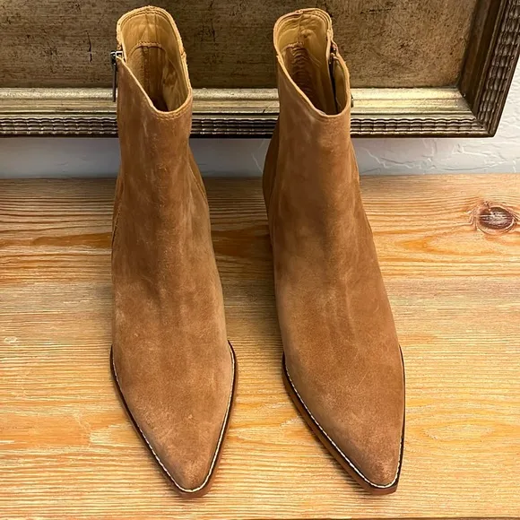 🆕 SAM EDELMAN Jane Pointed Toe Brown Block Heel Suede Leather Bootie - 9.5