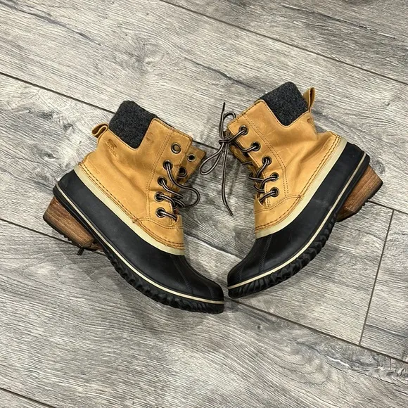 • Sorel • Slim Pack ll Winter Snow Boots Waterproof Elk Tan Gray Black Womens 9