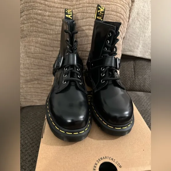 1460 Harness Black Polished Smooth Leather Lace Up Boot