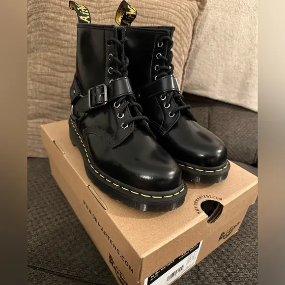 1460 Harness Black Polished Smooth Leather Lace Up Boot