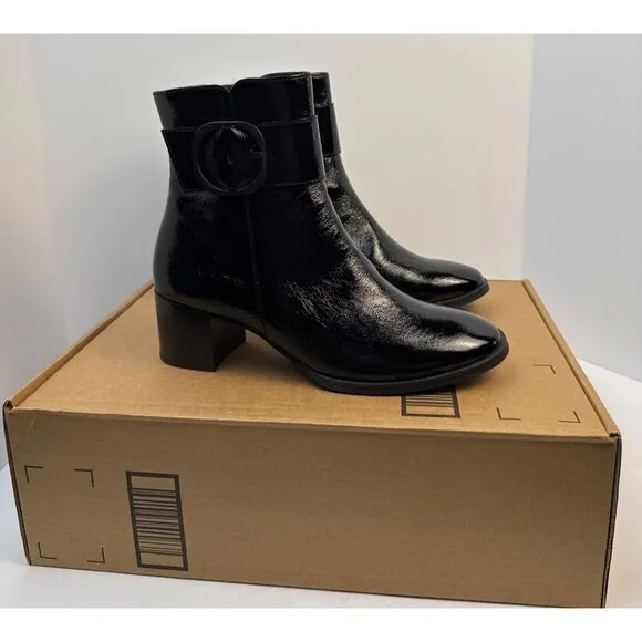 $530 PAUL GREEN Womens Panache Waterproof Bootie BLACK CRINKLED PATENT SZ 9