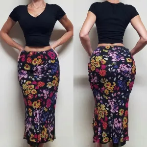 90s-Y2K Vintage Retro Express Silk Chiffon Black Multi-color Floral Midi Skirt S