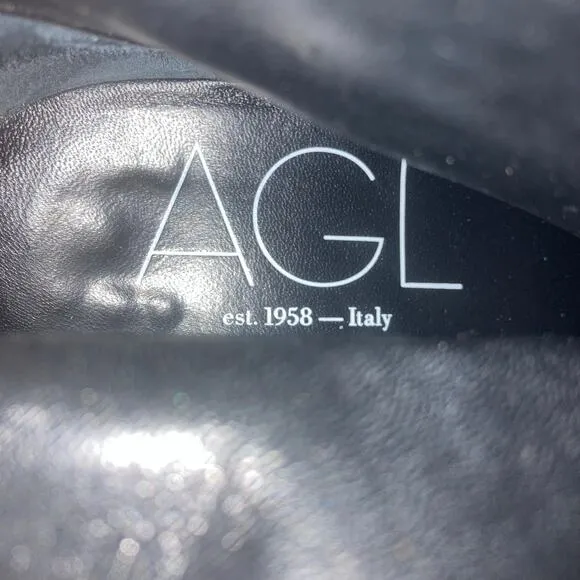 AGL black leather ankle boots, womens EU 37.5/US 6.5 gold studded zipper pull