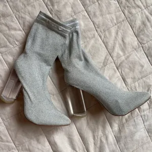 Aldo Silver Metallic Heeled Socked Lucite Heel &quot;Love&quot; Boots - 8.5