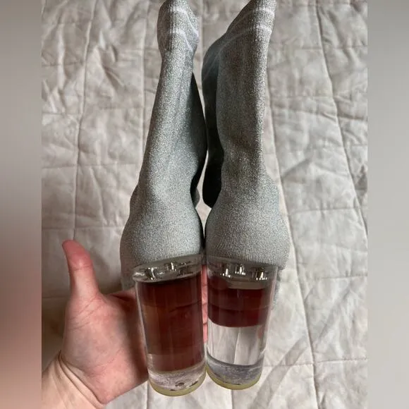 Aldo Silver Metallic Heeled Socked Lucite Heel &quot;Love&quot; Boots - 8.5