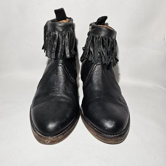 AllSaints Designer Black Leather Fringe Side Zip Boho Ankle Booties Wms Size 38
