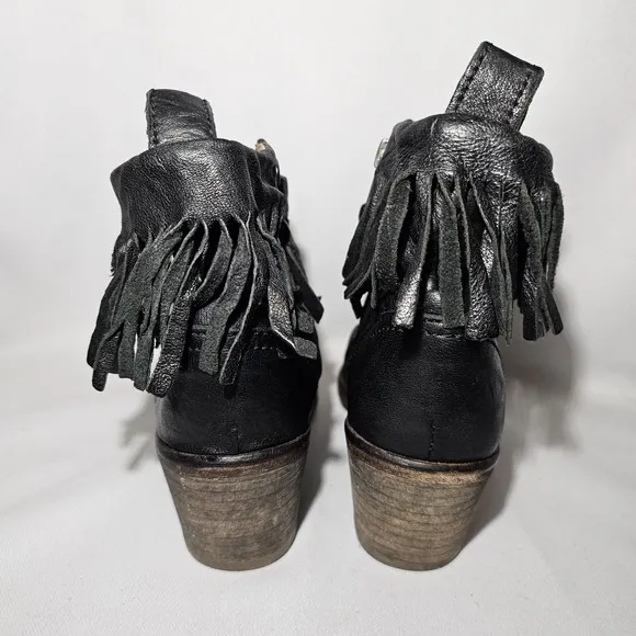 AllSaints Designer Black Leather Fringe Side Zip Boho Ankle Booties Wms Size 38