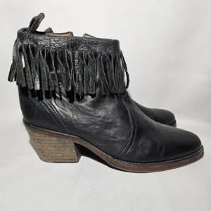 AllSaints Designer Black Leather Fringe Side Zip Boho Ankle Booties Wms Size 38