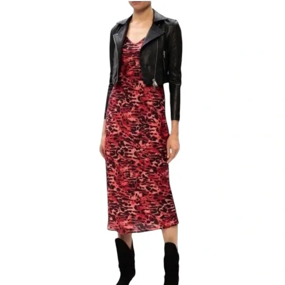 ALLSAINTS Hera Ambient Animal Print Slip Dress Red Size L NWT