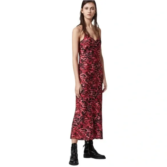 ALLSAINTS Hera Ambient Animal Print Slip Dress Red Size L NWT