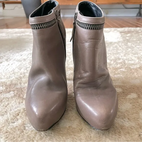 AllSaints Karis Tronchetto Platform Stiletto Leather Booties In Taupe Size 39