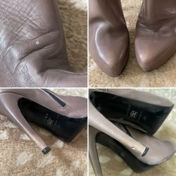 AllSaints Karis Tronchetto Platform Stiletto Leather Booties In Taupe Size 39