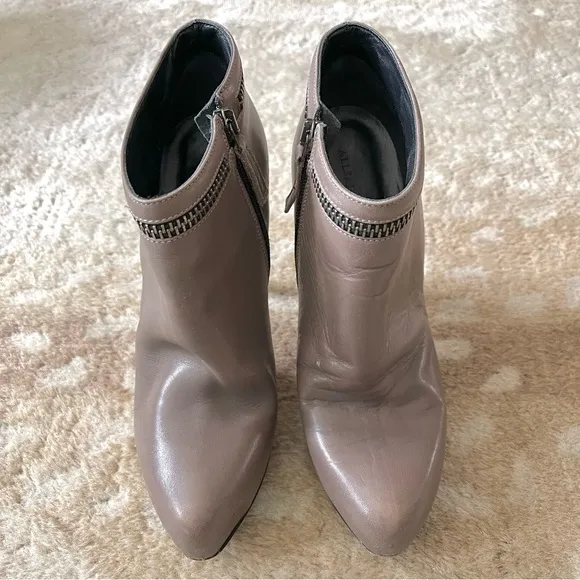 AllSaints Karis Tronchetto Platform Stiletto Leather Booties In Taupe Size 39
