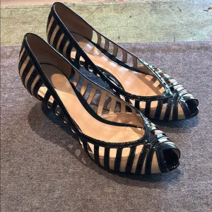 Alturo Chiang Women's Black Leather Peep toe Shoes/Heels 2.25&quot; Size 9