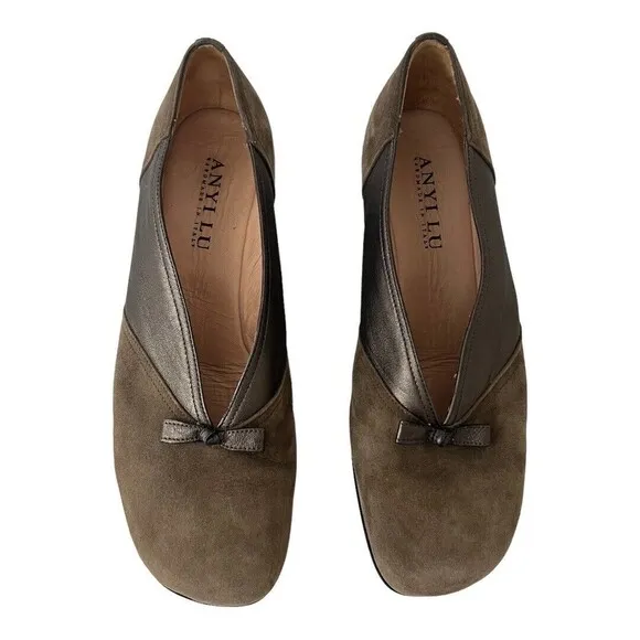 Anyi Lu Shoes Womens Size 39.5 US 9 Suede Leather Low Wedge Loafers