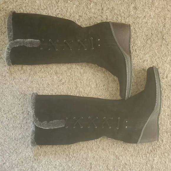 Aquatalia Black Suede Faux Fur Wedge Knee High Tall Boots Size 9