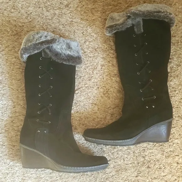 Aquatalia Black Suede Faux Fur Wedge Knee High Tall Boots Size 9