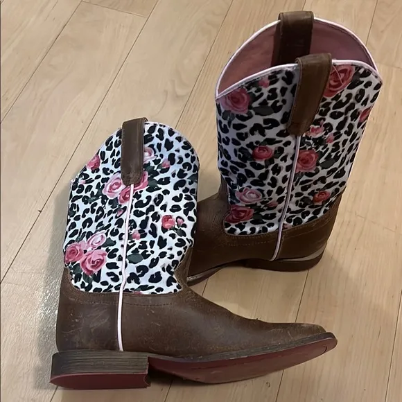 Ariat Kids Boots with Brown and Pink Floral Design 3.5