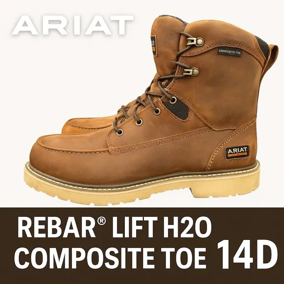 Ariat Rebar Lift H2O 8&quot; Work Boots Composite Toe Waterproof EH Brown 14D Men's