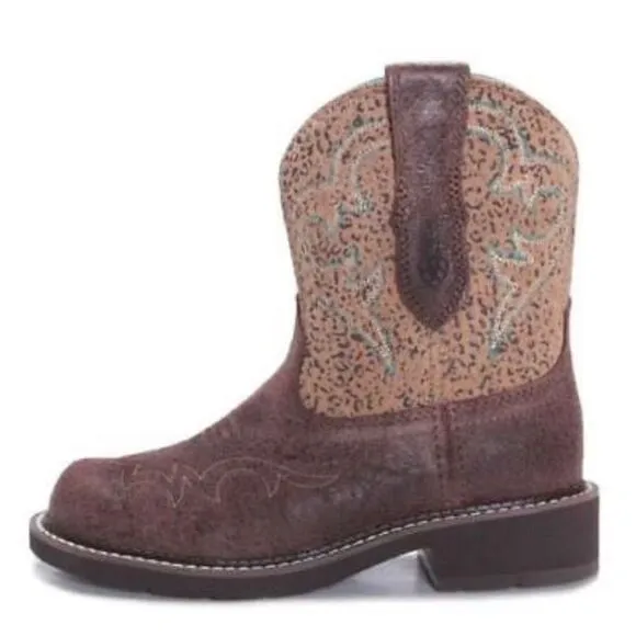 Ariat Fatbaby Brown Teal Heritage Leopard Print Round Toe Western Ranch Boots