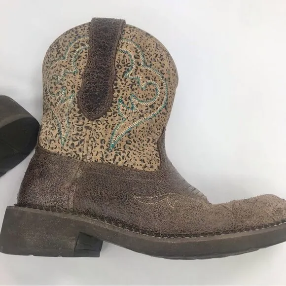 Ariat Fatbaby Brown Teal Heritage Leopard Print Round Toe Western Ranch Boots