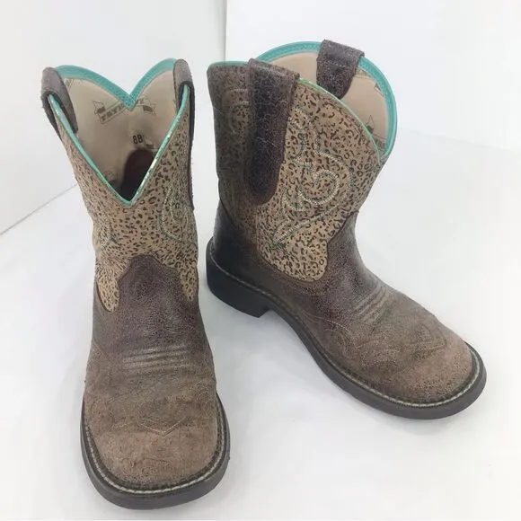 Ariat Fatbaby Brown Teal Heritage Leopard Print Round Toe Western Ranch Boots