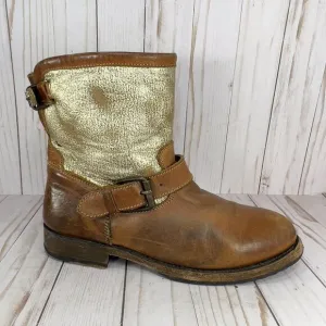 ASH Brown Tan Gold Silver Short Leather Pull On Moto Boots Shoes Size 39, US 8
