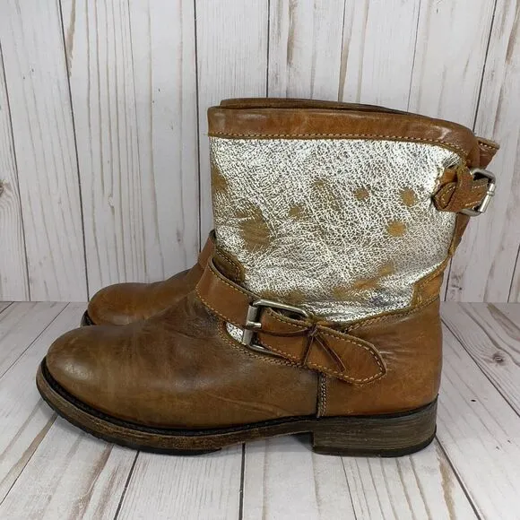 ASH Brown Tan Gold Silver Short Leather Pull On Moto Boots Shoes Size 39, US 8