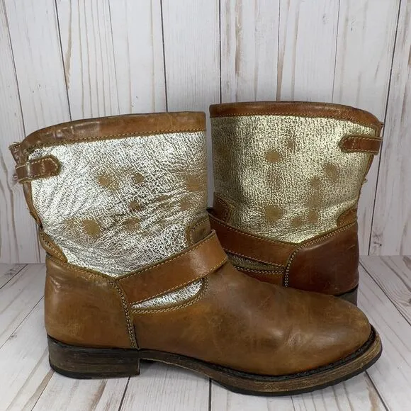 ASH Brown Tan Gold Silver Short Leather Pull On Moto Boots Shoes Size 39, US 8