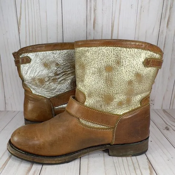 ASH Brown Tan Gold Silver Short Leather Pull On Moto Boots Shoes Size 39, US 8