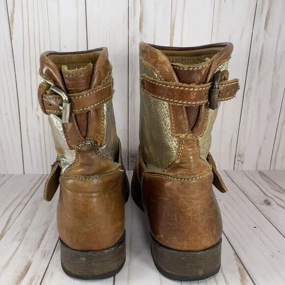 ASH Brown Tan Gold Silver Short Leather Pull On Moto Boots Shoes Size 39, US 8