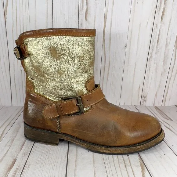 ASH Brown Tan Gold Silver Short Leather Pull On Moto Boots Shoes Size 39, US 8