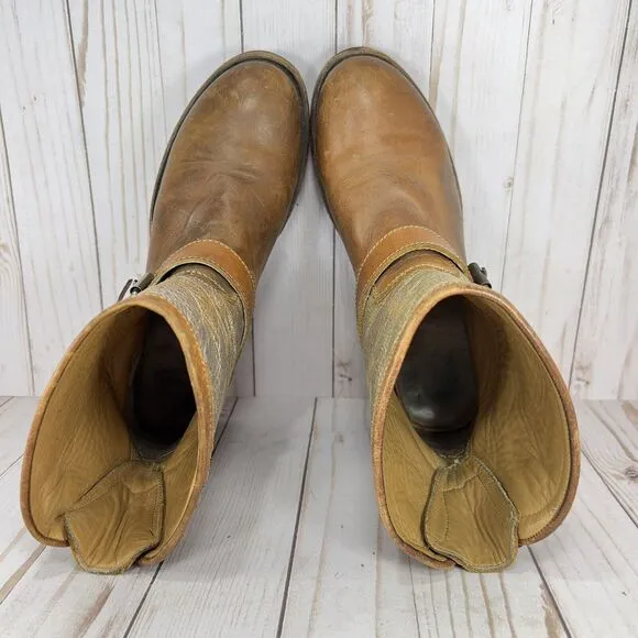 ASH Brown Tan Gold Silver Short Leather Pull On Moto Boots Shoes Size 39, US 8