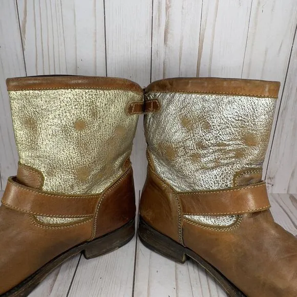 ASH Brown Tan Gold Silver Short Leather Pull On Moto Boots Shoes Size 39, US 8