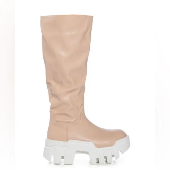 Azalea Wang Nude Leather Rugged Knee High Boots