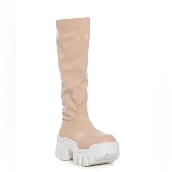 Azalea Wang Nude Leather Rugged Knee High Boots