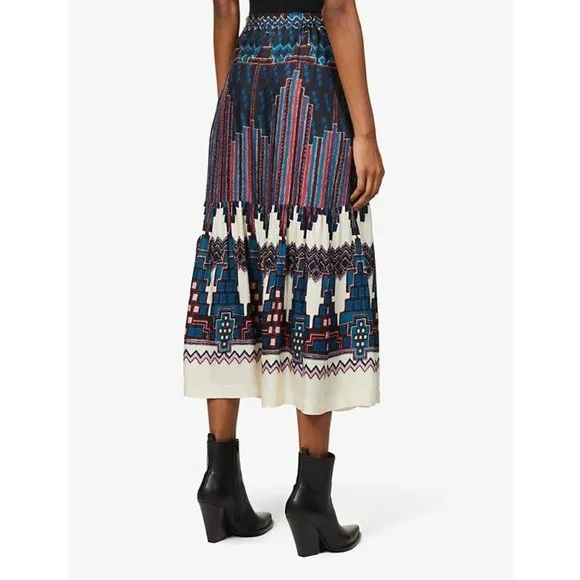 BA&amp;SH Maris Geometric-Print High-Waist Jacquard Midi Skirt Bleu Sz Small