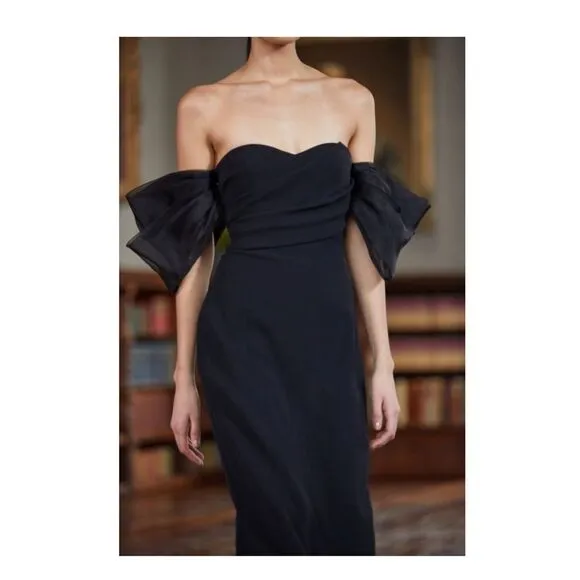 Badgley Mischka Organza Puff-Sleeve Cocktail Midi-Dress Size 10