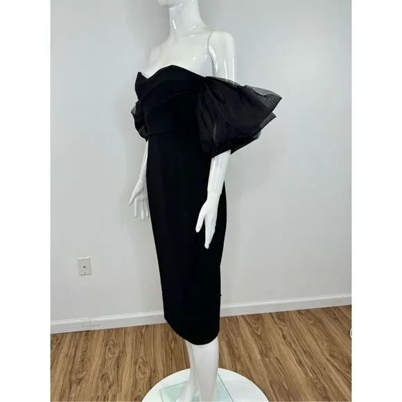Badgley Mischka Organza Puff-Sleeve Cocktail Midi-Dress Size 10