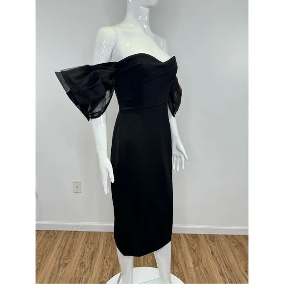 Badgley Mischka Organza Puff-Sleeve Cocktail Midi-Dress Size 10
