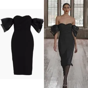 Badgley Mischka Organza Puff-Sleeve Cocktail Midi-Dress Size 10