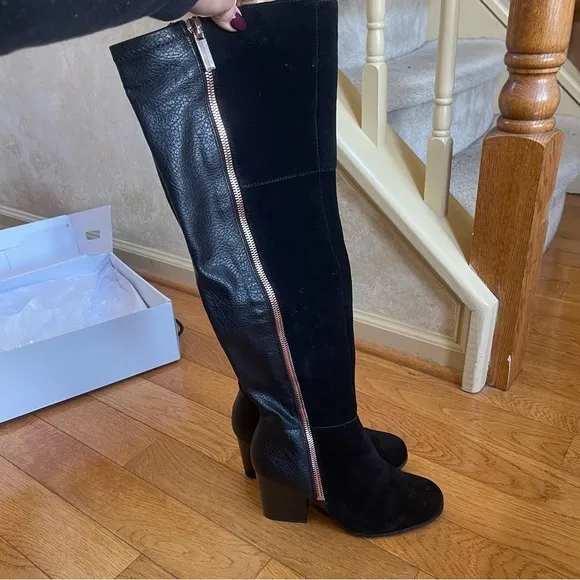 BAR III Party Over the knee suede leather boots block heels Black Sz 7.5