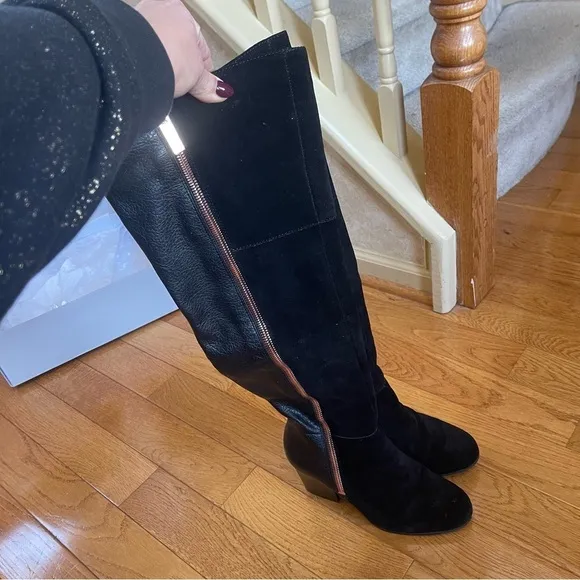 BAR III Party Over the knee suede leather boots block heels Black Sz 7.5