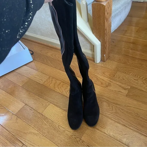 BAR III Party Over the knee suede leather boots block heels Black Sz 7.5