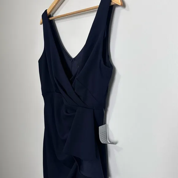Betsy &amp; Adam “Candace” V-Neck Cascade Ruffle High-Low Gown Dress Navy A24829